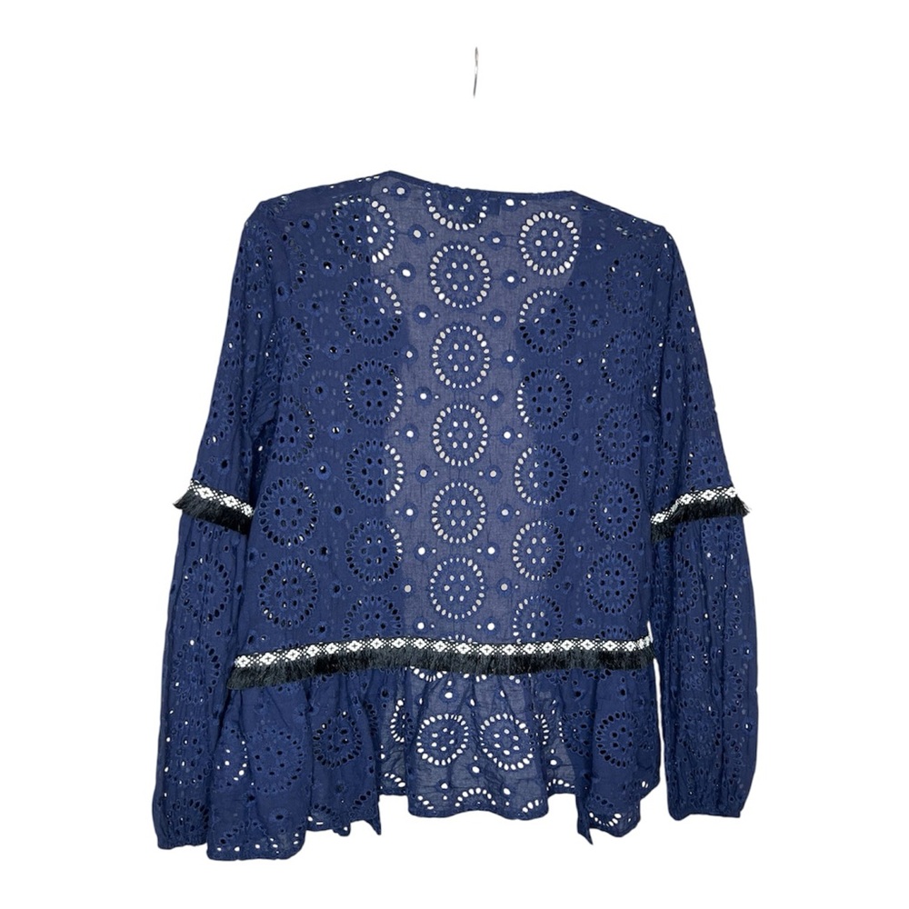 Suzanne Betro Women’s Dark Navy Eyelet Fringe Accents Open Front Cardigan SZ M - Picture 4 of 9
